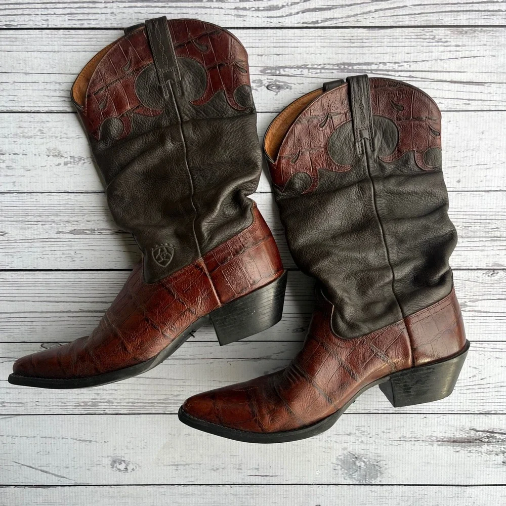 ARIAT Womens Slouch Western Cowboy Boots Cognac Croc Embossed Leather Size 8B - Picture 3 of 12